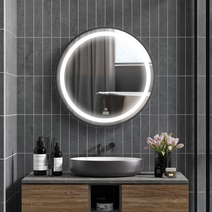 Image du produit Swisshandel24 Miroir de salle de bain, éclairage LED, intensité variable, 3 couleurs de lumière, cadre (Ø 60 cm)