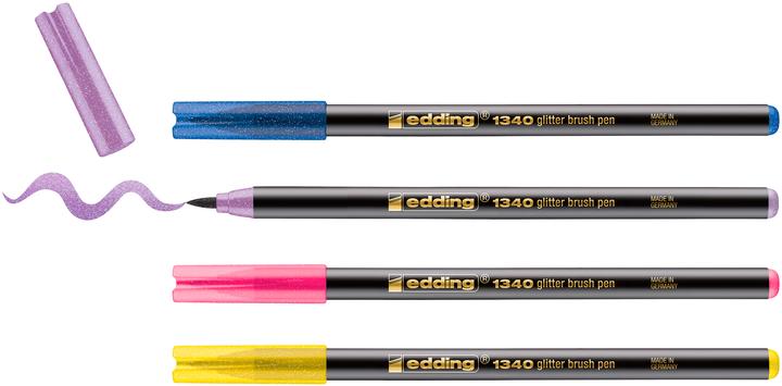 Actual product image Edding 1340 glitter brush pen set of 4 assorted (Blue glitter, purple glitter and ochre yellow glitter, Pink Glitter, 4 x)