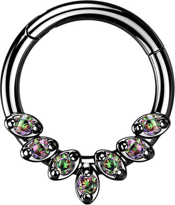 Actual product image Star Piercing Micro segment ring foldable black seven crystal leaves dark multicolour (without brass, Surgical steel 316L)
