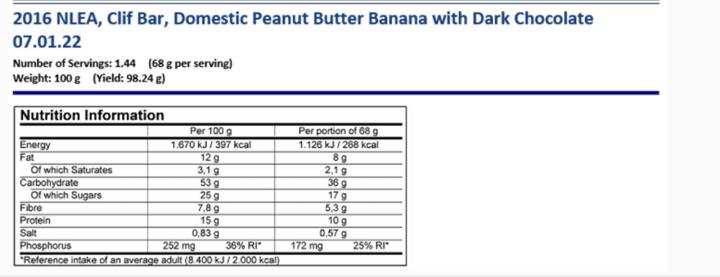 Valeurs nutritives et ingrédients Clif Bar Peanut Butter Banana With Dark Chocolate (Banane au beurre de cacahuète et chocolat noir) (Arachide, Banane, Chocolat, Avoine, 1 pcs, 68 g)