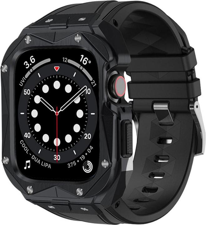 Produktbild Kingxbar CYF140 Robustes 2in1-Gehäuse für Apple Watch SE 6, 5, 4 (44 mm) Edelstahl mit schwarzem Armband (44 mm, TPU, Nerūdijantis plienas)