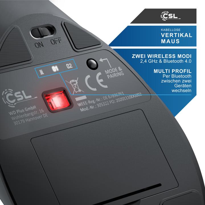 Produktbild CSL ergonomische Maus, Funk, Vertikal, optisch, kabellos, 2,4Ghz & Bluetooth, Armschonend, 2400 dpi (Kabellos)