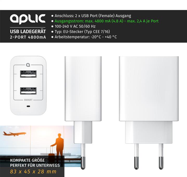 Actual product image Aplic USB charger 4800 mA, 2 port power supply for mobile/smartphone/tablet, 4800mA - 2400mA per port (28 W)