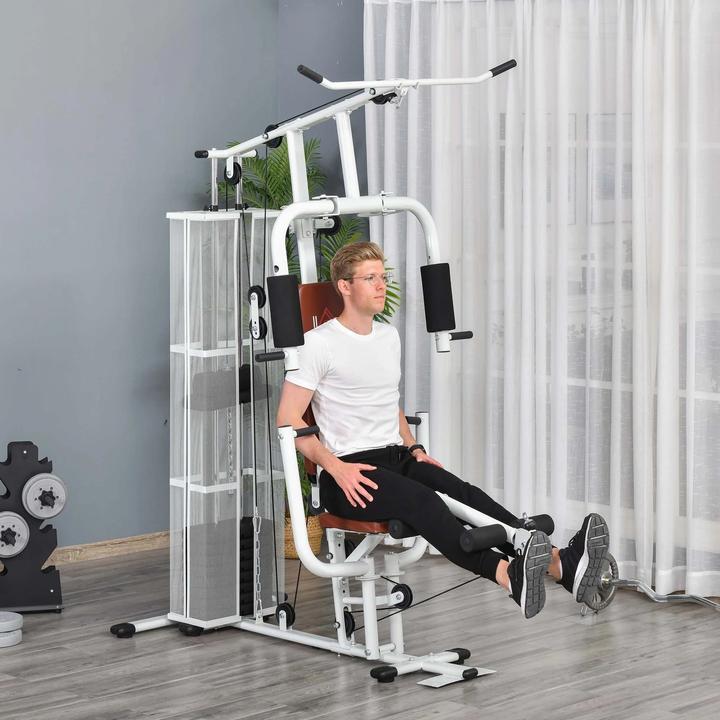 Produktbild Homcom Gym Kraftstation Multigym Fitnessgerät inkl. Gewichten Metall PU-Kunstleder Weiss 150x110x210cm