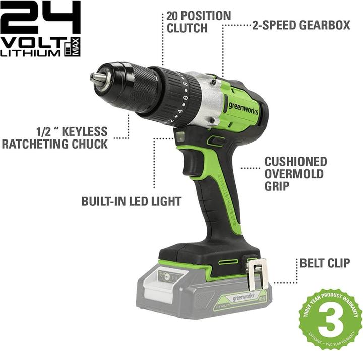 Image du produit Greenworks GD24DD60 tournevis / perceuse sans fil (Fonctionnement sur batterie)