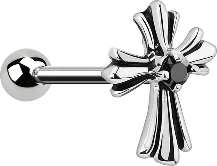 Produktbild Star Piercing Micro Barbell mit Vintage Kreuz und Kristall schwarz (Chirurgenstahl 316L, Messing)