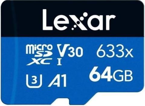 Image du produit Lexar 64Go haute performance 633x microSDXC UHS-I, jusqu'à 100MB/s en lecture 20MB/s en écriture (64 Go, microSDXC, U3, UHS-I)