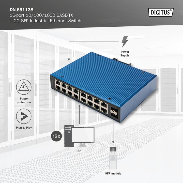Produktbild Digitus 16-port 10/100/1000BASE-TX +2G SFP Industrial Ethernet Switch (16 Ports)