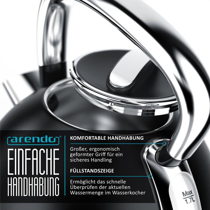 Produktbild Arendo Wasserkocher 1,7 l, 2200W, Edelstahl Retrostyle Vintage, LED Anzeige, Temperatureinstellung, Schwarz (1.70 l)