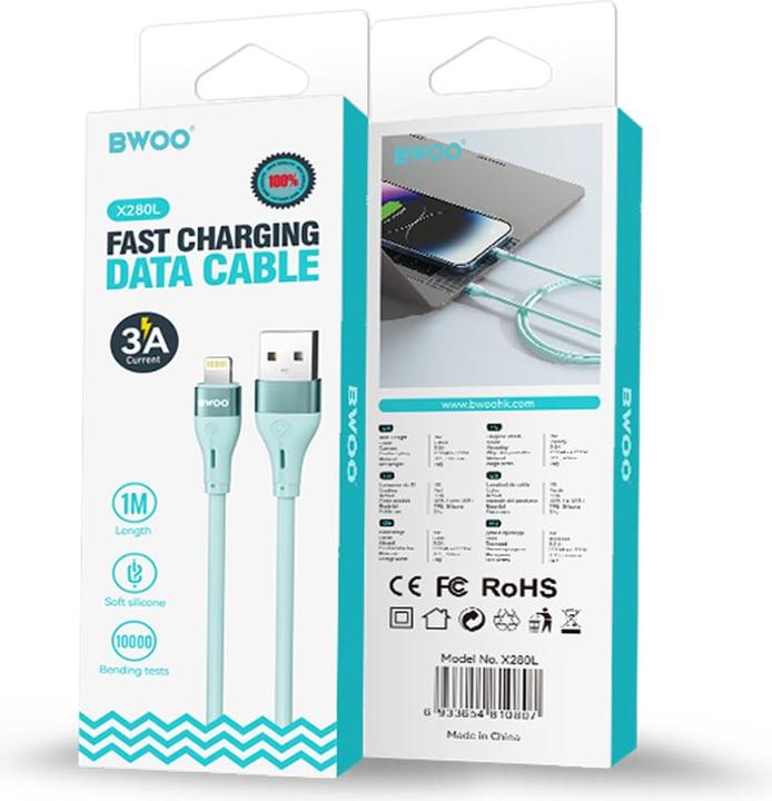 Actual product image Bwoo Minimalist Silicone 3A Cable X280L USB- to Lightning blue