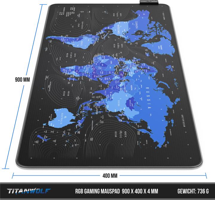 Actual product image Titanwolf RGB gaming mouse pad, mouse mat 900 x 400 mm, improves precision & speed, world map blue