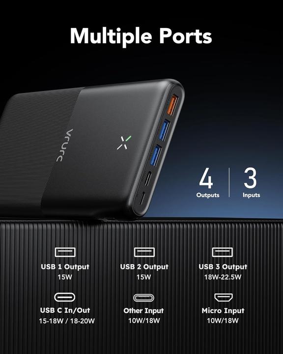 Produktbild Vrurc Powerbank 30000mAh, 22.5W, 4 Ausgänge, 3 Eingänge (30000 mAh, 22.50 W)