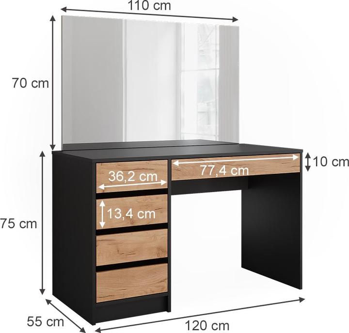 Image du produit Vicco Coiffeuse Sherry, Anthracite/chêne doré, 120 x 75 cm avec miroir LED et tabouret (120 x 75 x 55 cm)