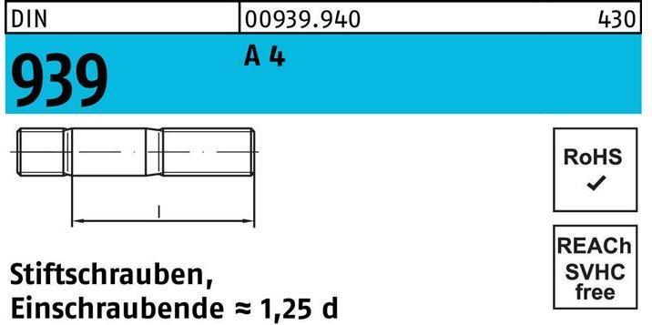 Image du produit Goujon DIN 939 M 16 x 85 A 4 Extrémité vissée=1,25d (10 Vis par pièce)