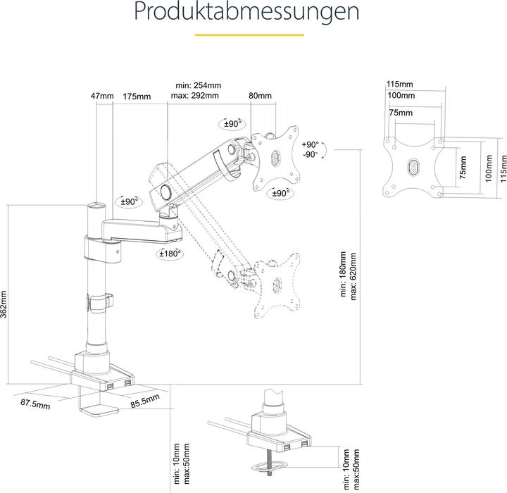 Produktbild StarTech ARMPIVOT2USB3 Monitorhalterung (Gelenkarm, 34-Zoll-VESA-Monitor, Premium 2x USB (Tisch, 34")
