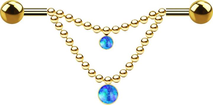 Produktbild Star Piercing Barbell vergoldet zwei Kugeln zwei Ketten Opal blau (Chirurgenstahl 316L)