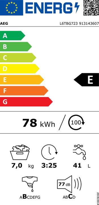 Energie-Label AEG L6TBG723 Toplader-Waschmaschine 7 kg 1151 U/min E Weiss (7 kg, Unten)