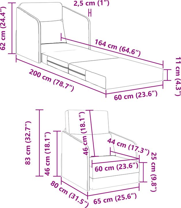 Actual product image VidaXL Floor sofa bed 2-in-1 dark grey 65x80x83 cm fabric (2 person sofa)