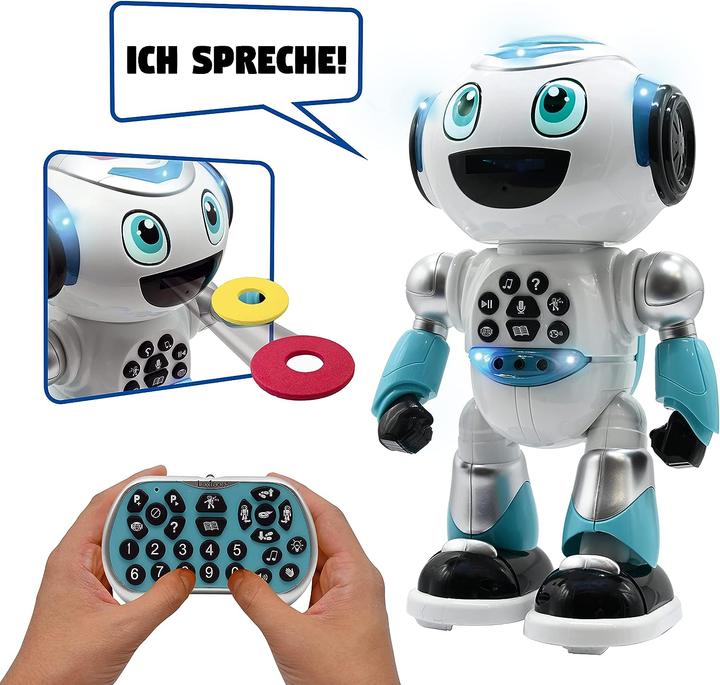 Actual product image Lexibook POWERMAN ADVANCED Talking learning robot, history generator, shoots discs, remote control EN (German)
