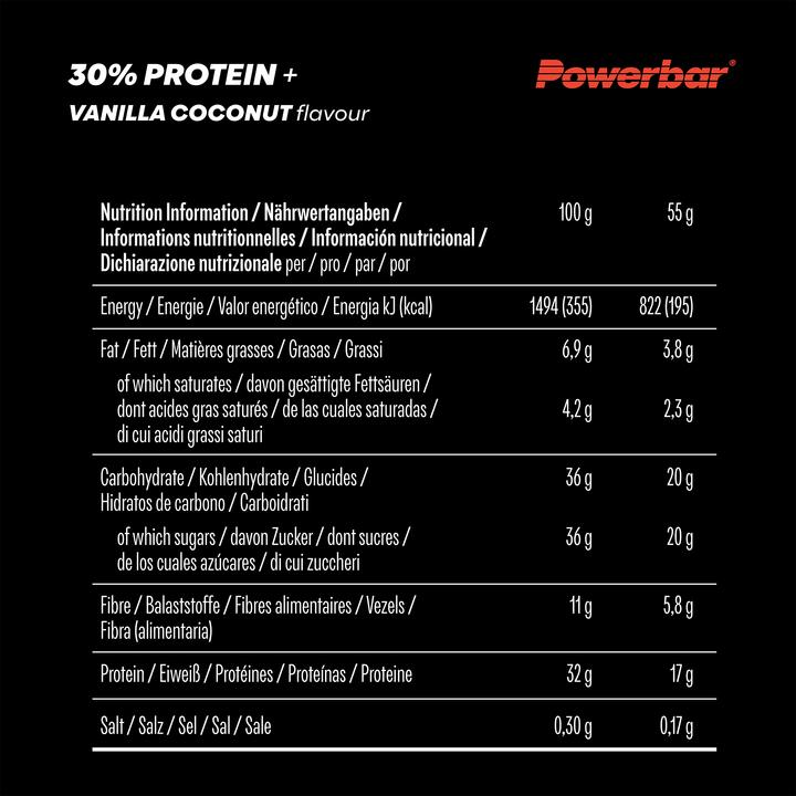 Nutritional values and ingredients Powerbar ProteinPlus 30% (Vanilla, Coconut, 15 pcs., 825 g)