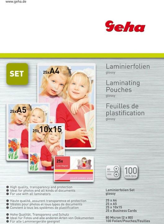 Immagine prodotto Geha Set di lamine di laminazione (A4, A5, A6, A7, 100 Pezzo/i, 80 µm)
