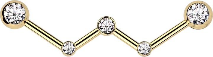Star Piercing Barbell vergoldet gewinkelt drei Kristalle silber mit zwei Kugeln vergoldet Kristall silber (Chirurgenstahl 316L)