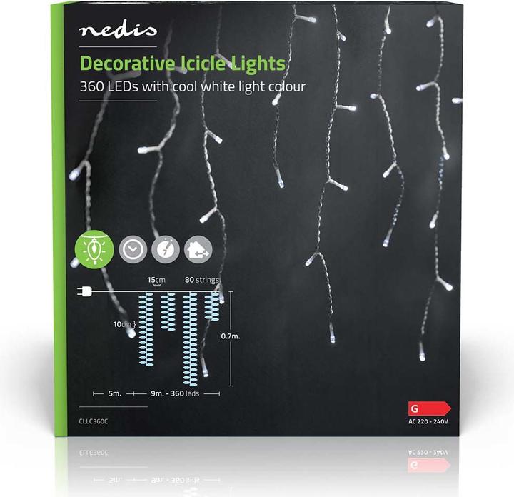 Actual product image Nedis Decorative icicle lights | 360 LED's | Cold white | 9 m | Light effects: 7 | Mains power supply (14 m)