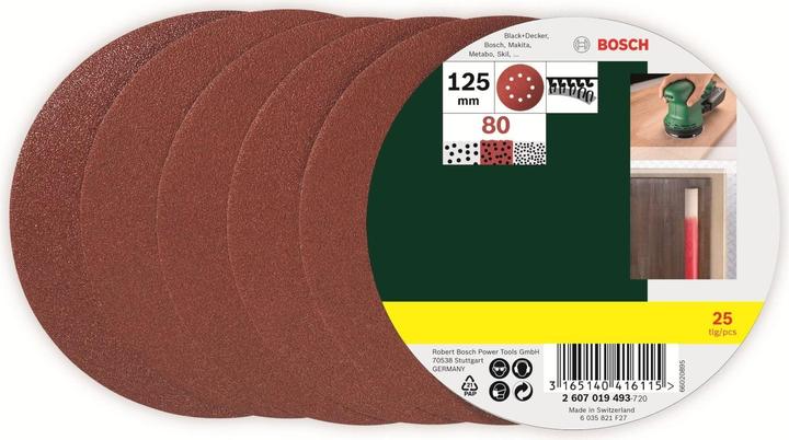 Immagine prodotto Bosch Zubehör Set di fogli abrasivi per levigatrici rotorbitali, 25 pezzi, 8 fori, 125 mm, 80 (80)