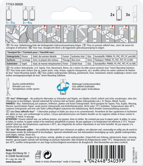 Produktbild tesa Klebenagel für Fliesen & Metall, 3kg Halteleistung, spurlos ablösbar & wiederverwendbar, 4 Nägel