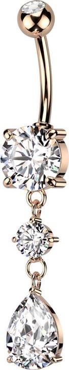 Star Piercing Banane rosegold mit zwei Kugeln Kristall silber Anhänger runder und Tropfen Kristall (Messing, Chirurgenstahl 316L)