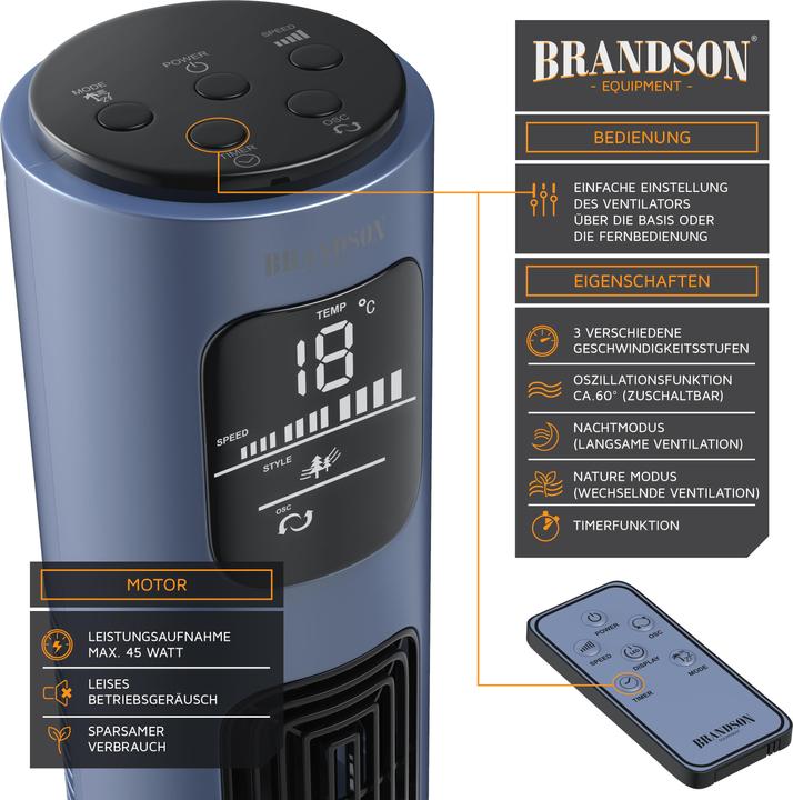 Immagine prodotto Brandson Ventilatore a torre, oscillazione 65°, timer, telecomando, ventilatore da piedistallo 96cm, blu (48 dB)