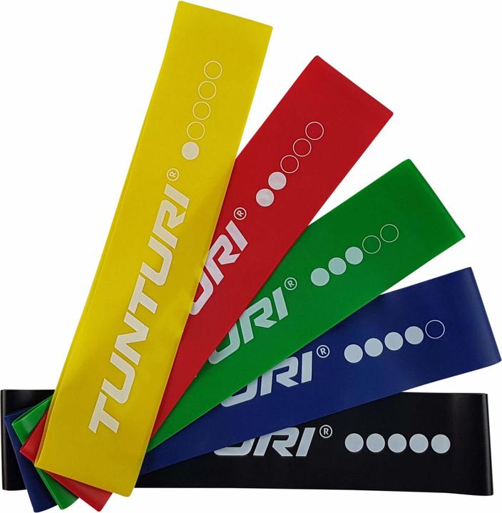 Tunturi Mini Resistance Band Set 5 Stück - 5 Gummi Gymnastikbänder mit Netztasche (0.50 m, Extra Léger, Léger, Moyen, Fort, Extra fort)