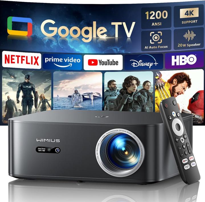 WiMiUS 4K Heimkino Beamer mit Google TV & Netflix Lizenz (4K, 1200 lm)