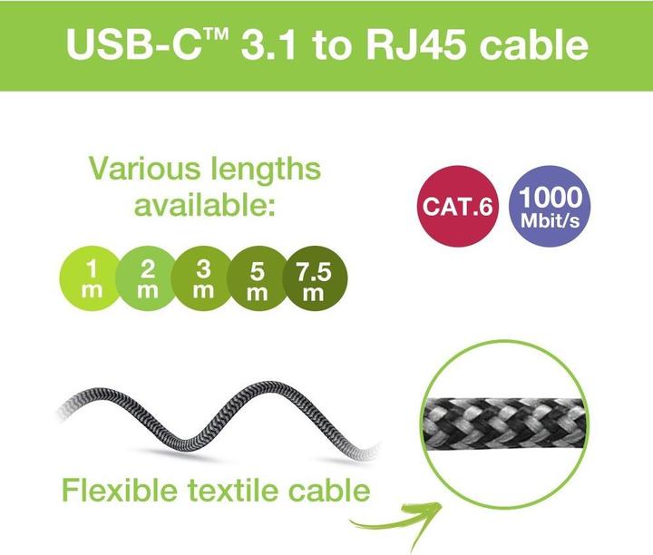 Immagine prodotto Techly Kabel sieciowy USB-C na Gigabit Ethernet RJ45 1m (F/UTP, CAT6, 1 m)