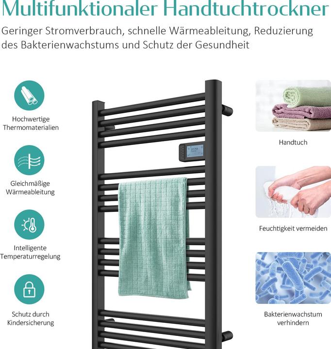 Produktbild Emke Badheizkörper Handtuchhalter Einstellbare Temperaturregelung 96x54cm Schwarz 500W (500 W)