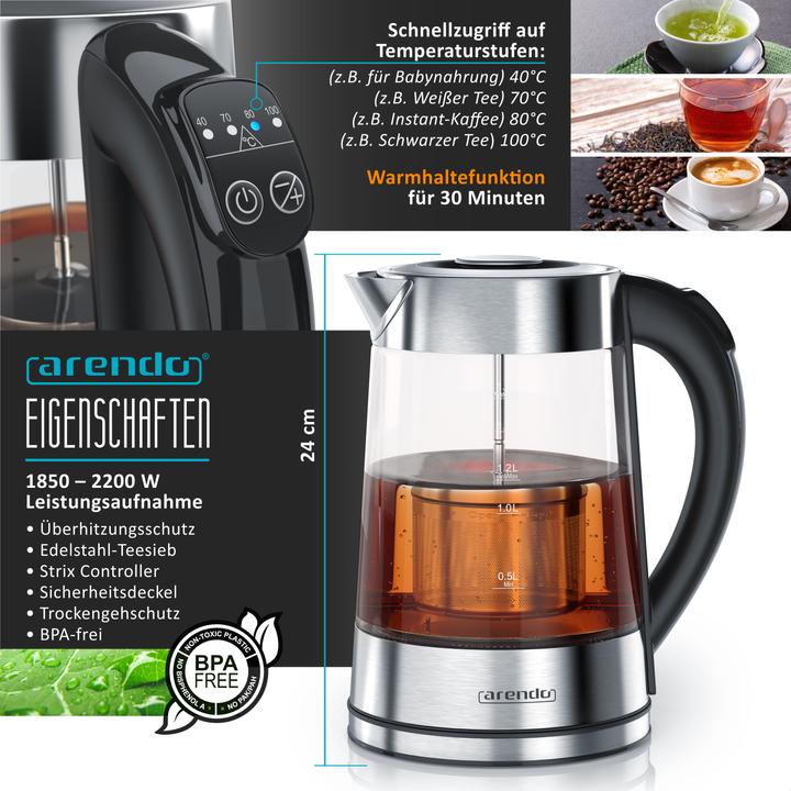 Actual product image Arendo Breakfast set, glass kettle 1.7l with tea strainer & 2-slice long slot toaster, stainless steel (1.70 l)