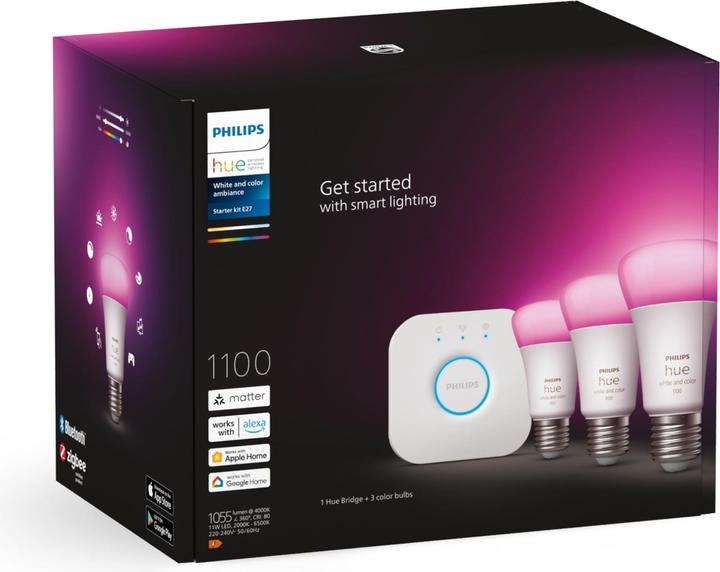 Produktbild Philips Hue Starter-Kit (E27, 9 W, 1055 lm, 3 x, F)