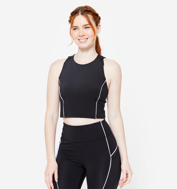 Domyos Women's Stretchy Cropped Tank Top with Piping - Printed Black (S)
