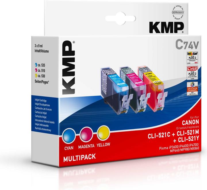 Actual product image KMP C74V Value Pack C/M/Y compatible with Canon CLI-521 (M, C, Y)