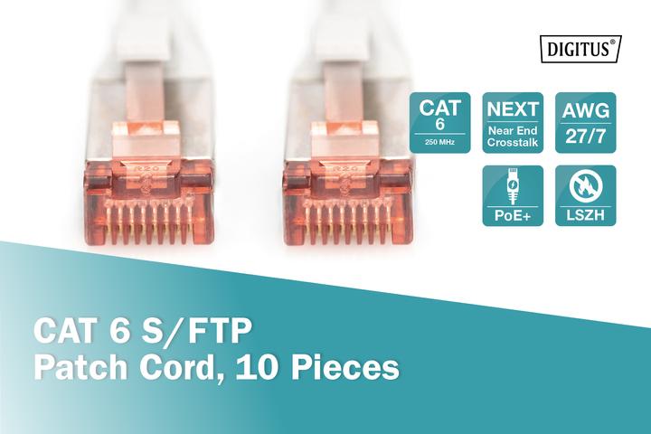 Actual product image Digitus CAT 6 S-FTP patch cable Cu LSZH AWG 27/7 length 0,5 m 10 pieces colour grey (S/FTP, CAT6, 0.50 m)