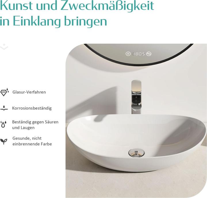 Actual product image Emke Countertop Washbasin, Oval Ceramic Basin, Glossy White, without Tap Hole, 615x350x155mm (360 mm, 615 mm)