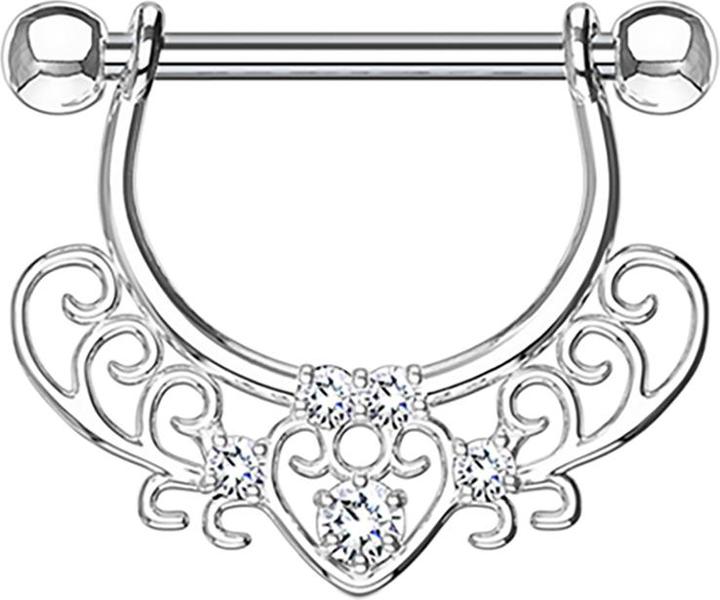 Produktbild Star Piercing Barbell silber mit filigranen Herzmuster und Kristall (Messing, Chirurgenstahl 316L)