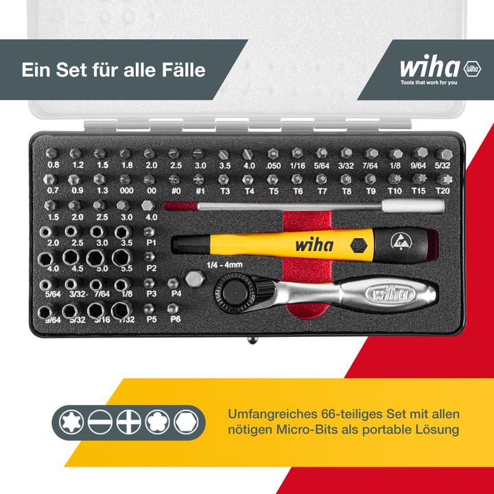 Produktbild Wiha Micro Bit Set 65-tlg. inkl. Aufbwahrungsbox Feinmechanik Schraubendreher Set Bit Halter (4 mm)