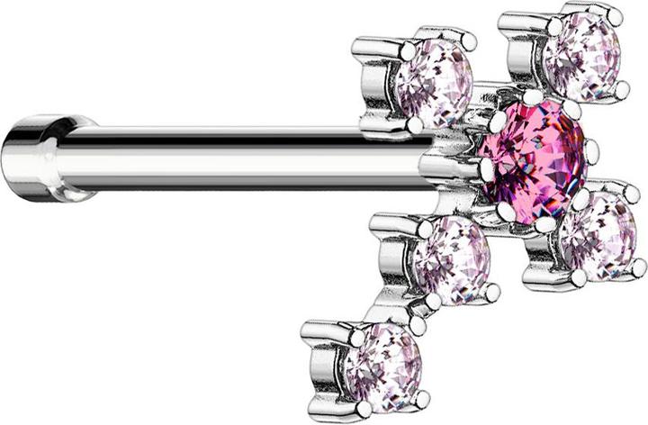 Star Piercing Nasenstecker gerade silber Kreuz mit Kristall pink (Chirurgenstahl 316L, Messing)