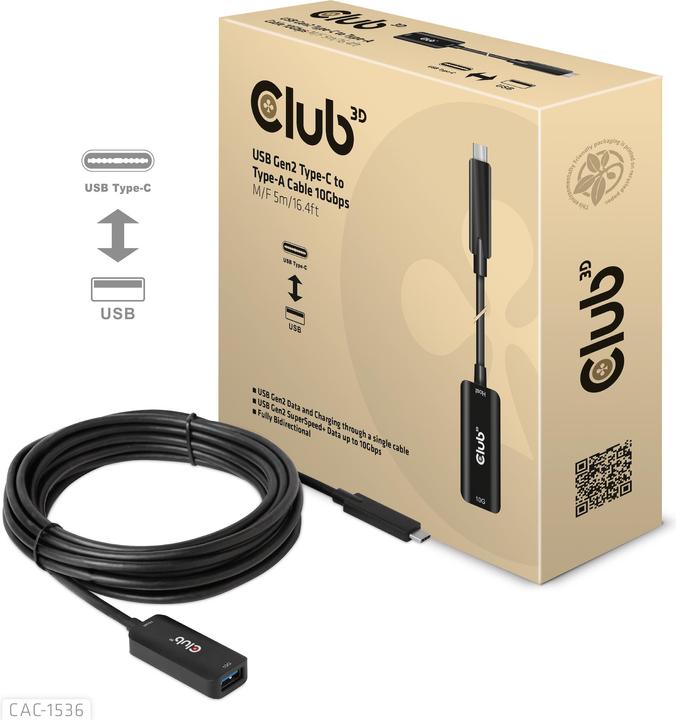 Actual product image Club 3D Club3D Cable USB 3.2 Type C <> USB Type A St/Bu (5 m, USB 3.1)