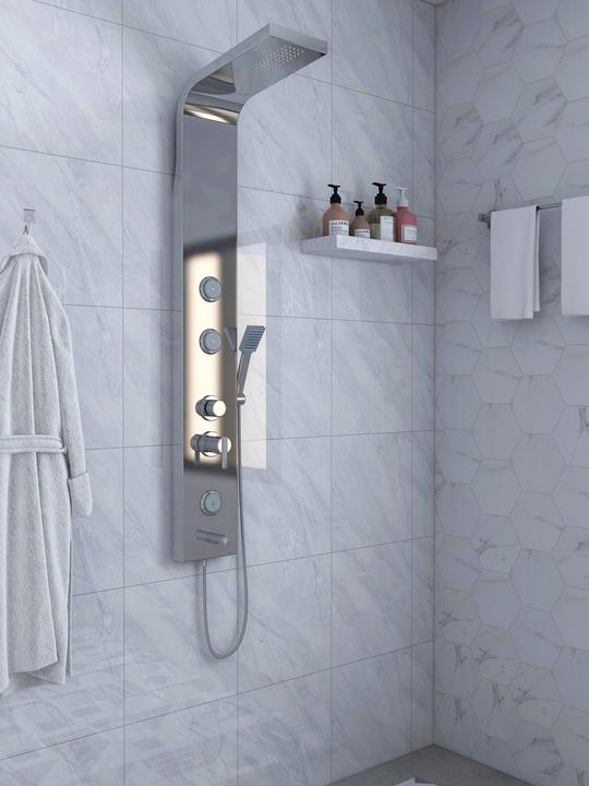 Produktbild PureHaven Luxus Edelstahl Duschpaneel 140x20x46 cm Regenwasserdusche Tropenbrause Massagefunktion Ha
