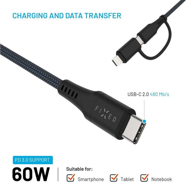Actual product image Fixed Braided Cable USB-C/USB-C, Lightning Adapter, 1.2m, MFi, PD 60W, gray (1.20 m, USB 3.2 Gen 1, 60 W)