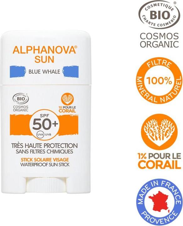 Alphanova SUN Bio STICK SPF50+ BLAU sehr hoher Schutz Stick (Sonnenspray, SPF 50+, 12 ml, 12 g)