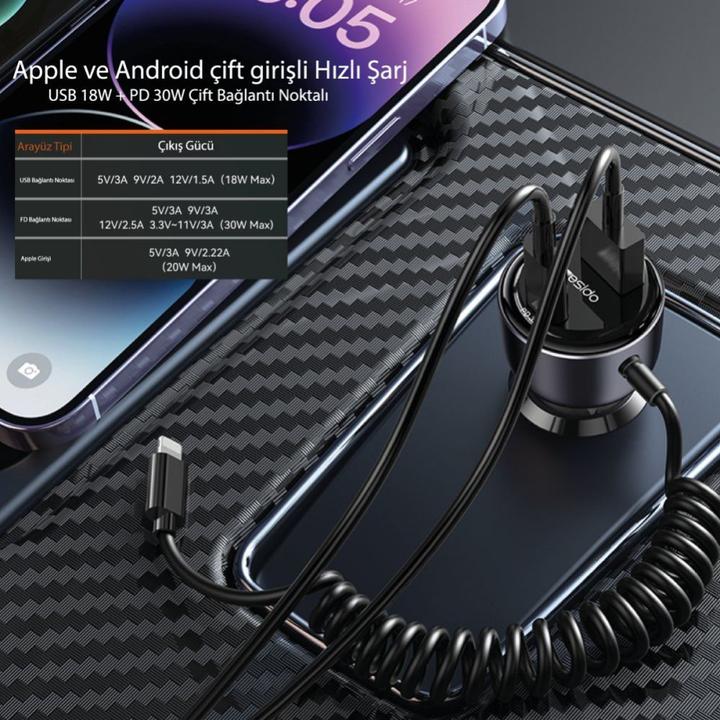 Image du produit Yesido Y57 Chargeur de voiture super rapide 50W avec câble Lightning