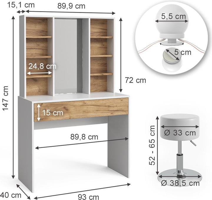Actual product image Vicco Alexa with stool and lighting (93 x 40 x 147 cm)